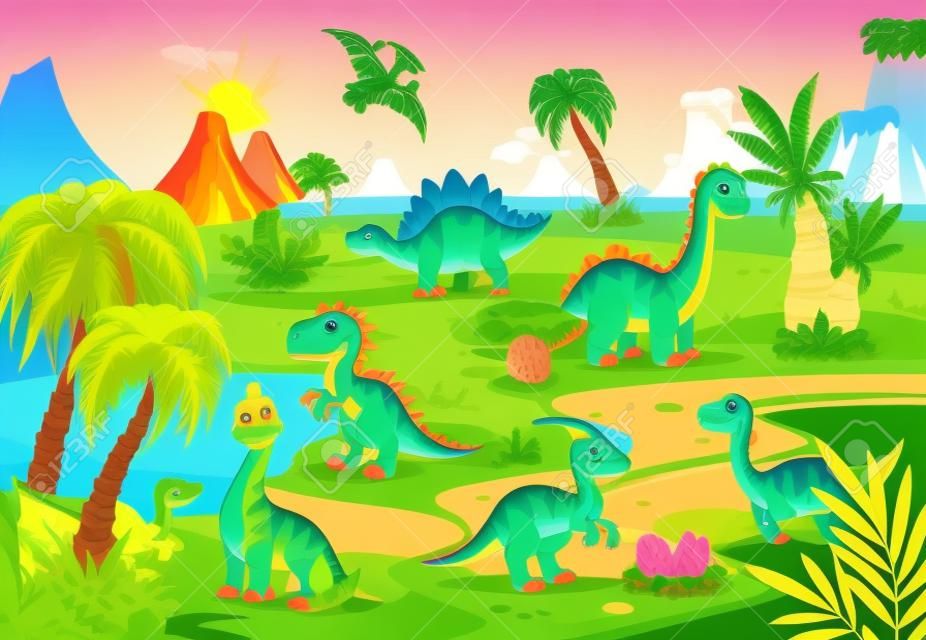 Prehistoryczny krajobraz dinozaurów. kreskówka plakat dla dzieci, szczęśliwe zwierzęta i wulkan. dino na jeziorze, palma w dżungli. śmieszne krainy jurajskiej krzykliwe tło wektor