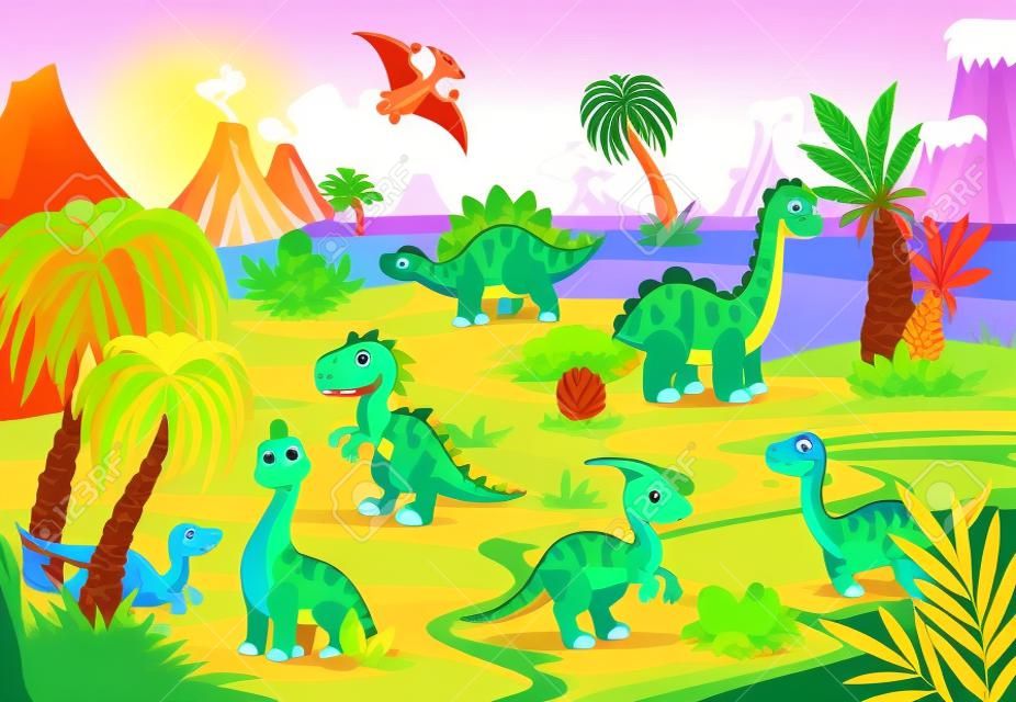 Dinosaur prehistoric landscape. Cartoon baby poster, happy animals and volcano. Dino on lake, jungle palm tree. Funny jurassic land garish vector background