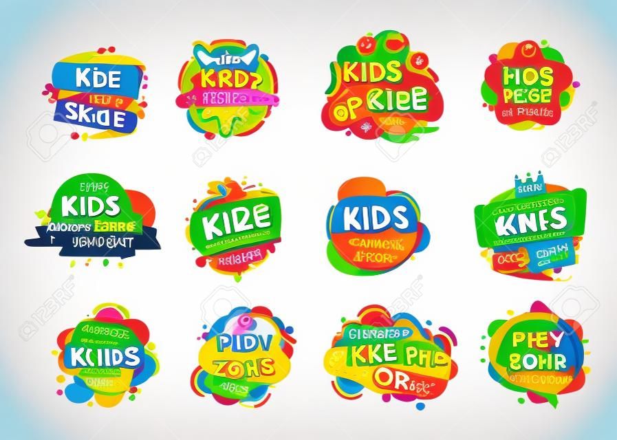Kids zone labels. Child logo, kid play room banners. Bright childish game elements, party or fun area badges. Typography children decent vector signs