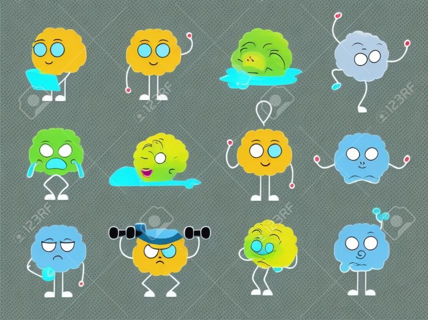 Cartoon brain character. Intellectual health, emotional funny happy and sad brains. Mind sleep, doing exercises and thinking new idea, garish vector set