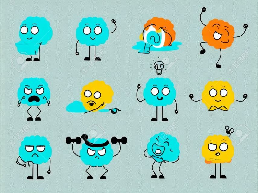 Cartoon brain character. Intellectual health, emotional funny happy and sad brains. Mind sleep, doing exercises and thinking new idea, garish vector set