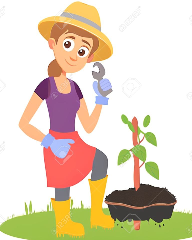 Femme creusant le personnage de dessin animé de jardinier féminin au sol