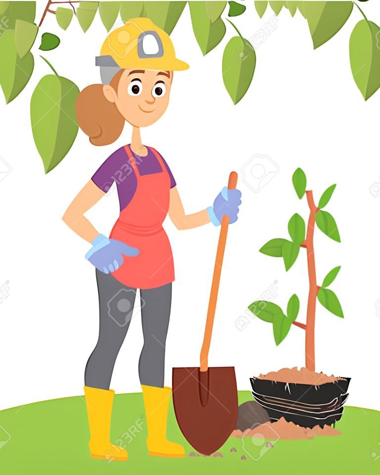 Femme creusant le personnage de dessin animé de jardinier féminin au sol