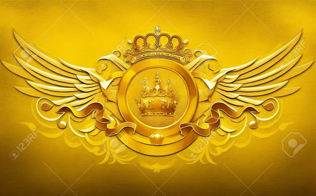 illustration of heraldic golden frame or badge with crown, wings, banner and floral elements