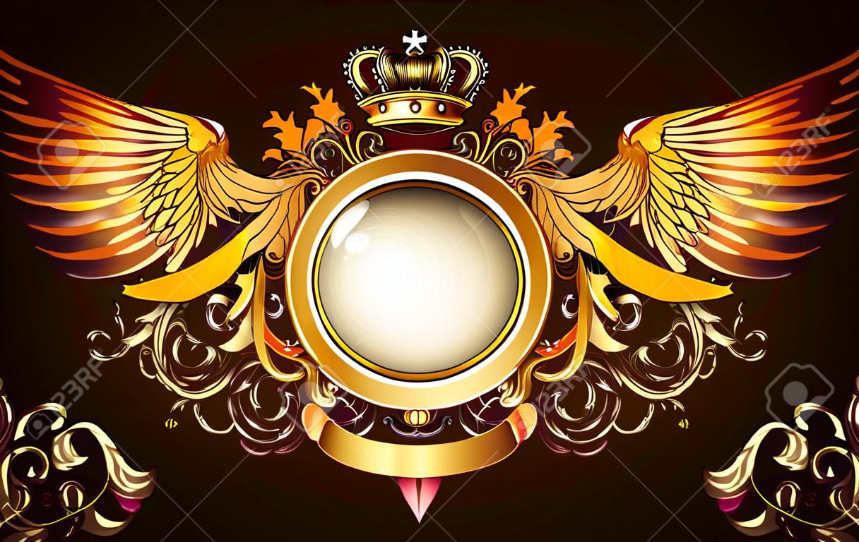illustration of heraldic golden frame or badge with crown, wings, banner and floral elements