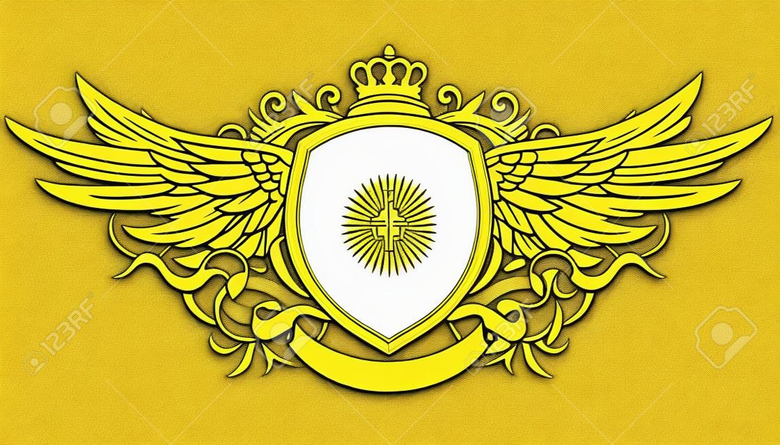 illustration of golden heraldic shield or badge with two wings, crown, banner and floral elements