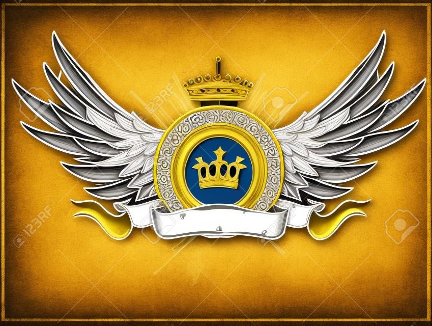 illustration of heraldic frame or badge with crown, wings and banner. Blank so you can add your own images.