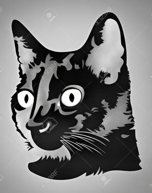 Czarno-biały obraz z głowy czarny kot z dużymi oczami