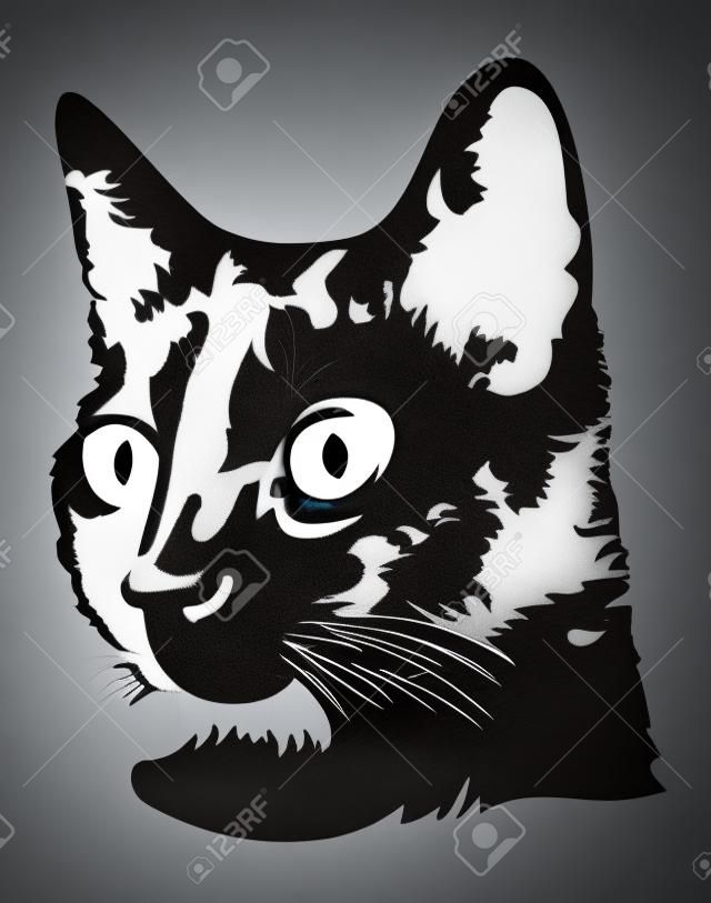 Image noir et blanc d'une tête de chat noir aux grands yeux