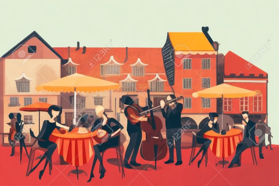 Série de cafés de la rue dans la ville avec des gens de boire du café et les musiciens