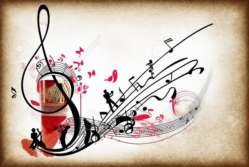咖啡音樂。用音樂家，筆記和咖啡館裝飾的抽象高音譜號手拉的向量例證。