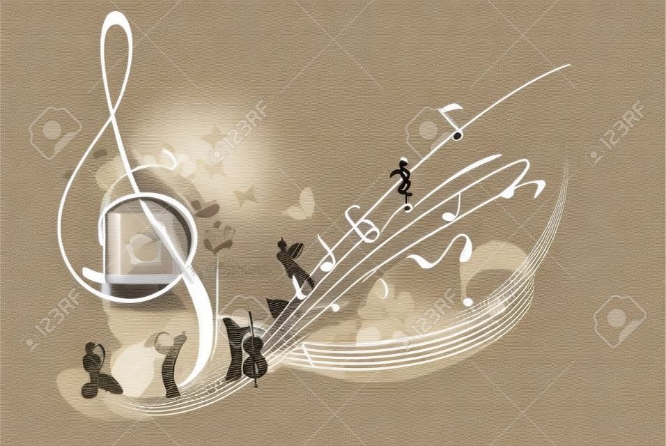 Musica al caffè Chiave tripla astratta decorata con musicisti, note e caffè. Illustrazione disegnata a mano di vettore.