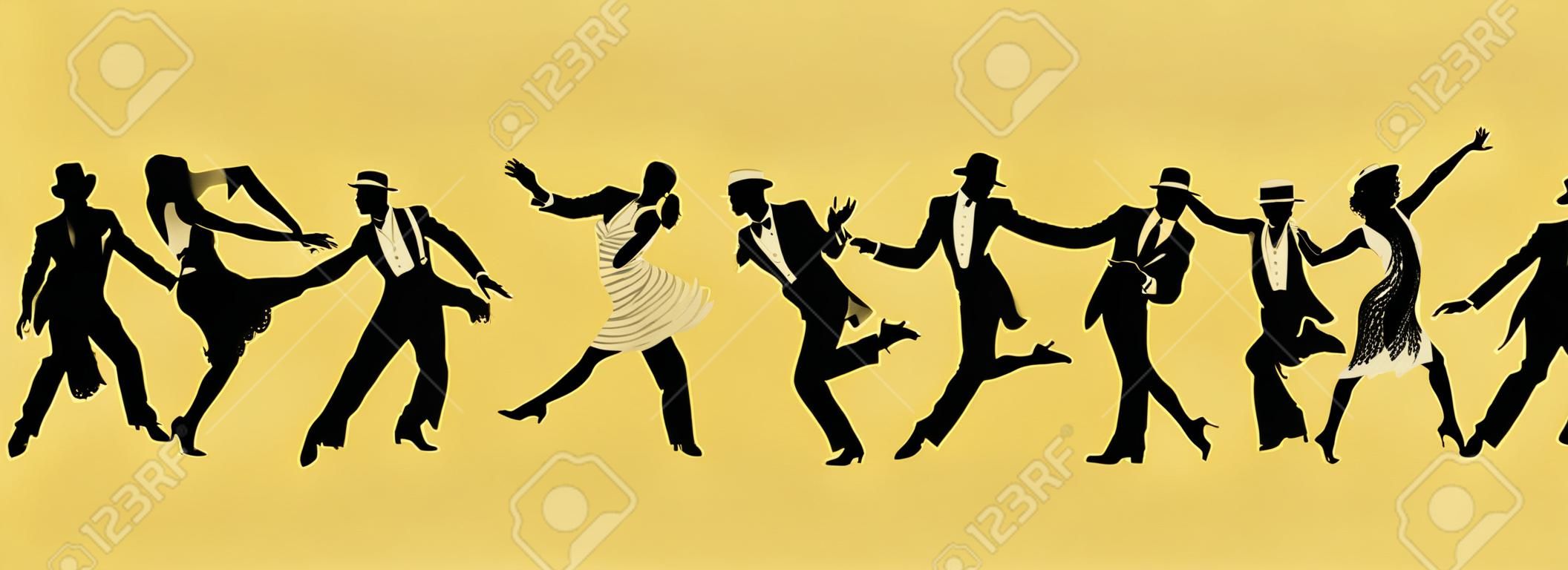 Silhouettes of nine people dancing Charleston