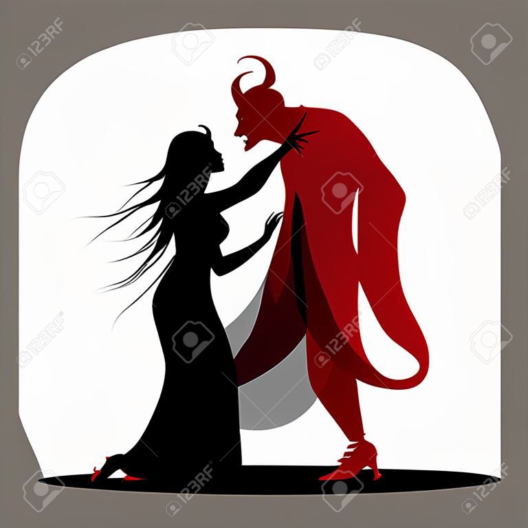浪漫的魔鬼和一位女士跳舞的剪影