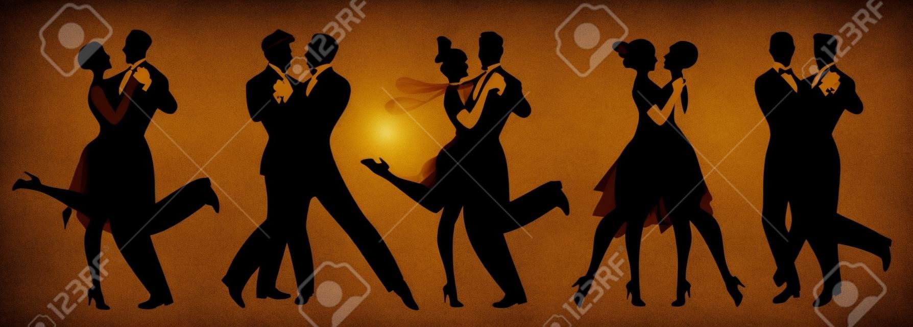 Silhouettes van vijf koppels die kleding dragen in de stijl van de jaren twintig dansende retro muziek