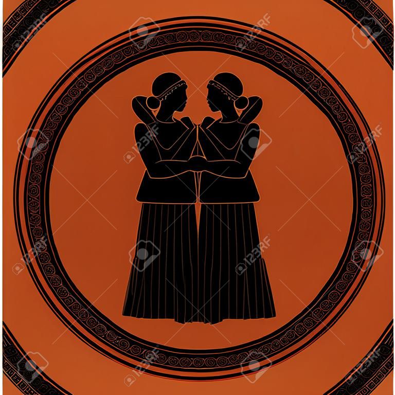 Tierkreis im Stil des alten Griechenlands, Zwillinge. Zwei Mädchen, die Kleidung und Ohrringe im Stil des alten Griechenlands tragen, tragen eine Amphore. Schwarze, in einen Kreis eingeschriebene Figur, umgeben von einem Bund.