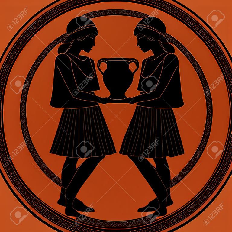 Zodiac in the style of Ancient Greece, Gemini. Two girls wearing clothes and earrings in the style of ancient Greece carrying an amphora. Black figure inscribed in a circle surrounded by a fret.