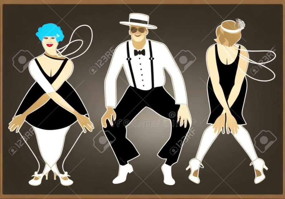 Two flapper girls and one man dancing Charleston. Vector Illustration.