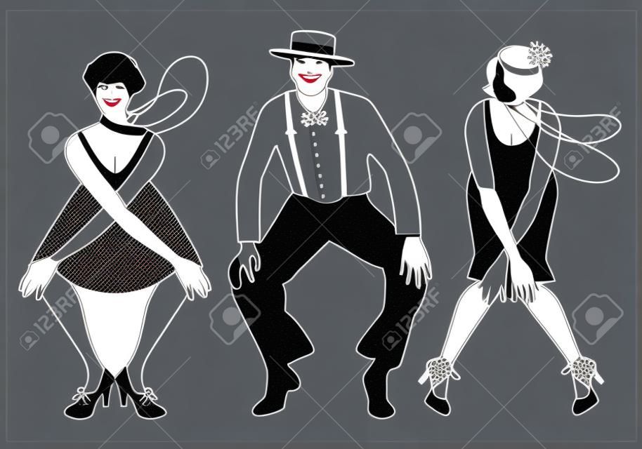 Deux filles flapper et un homme dansant Charleston. Illustration vectorielle.
