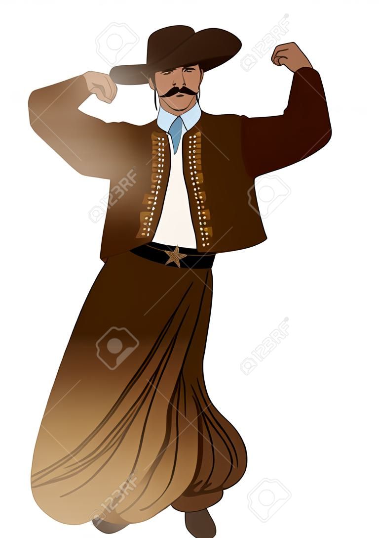 Gaucho with mustache and hat dancing typical dance of South America, isolated on white background