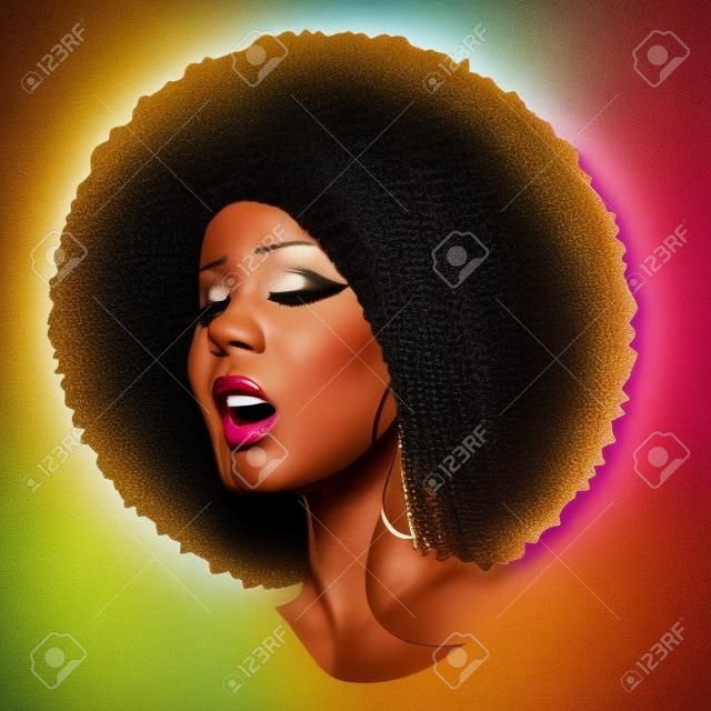 Soul Party Time. Soul, funk, jazz of disco muziek poster. Prachtige Afrikaanse Amerikaanse vrouw zingen.