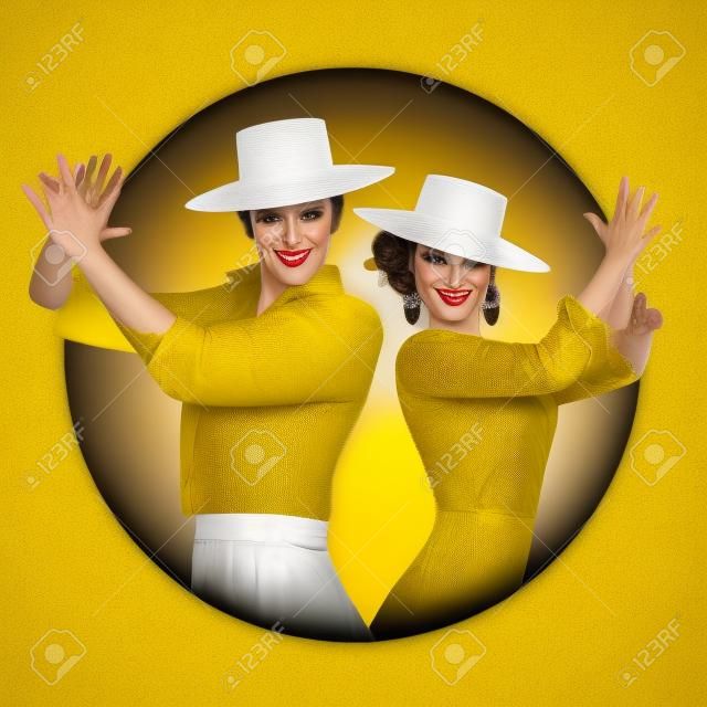 Couple of Spanish flamenco dancers wearing typical hats, playing clapping. Yellow circle on white background