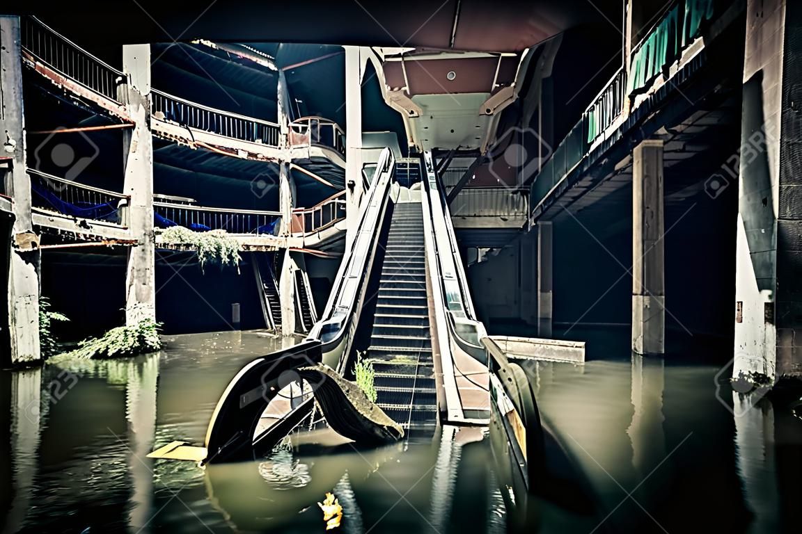 La extraordinaria vista de las escaleras mecánicas dañadas en el centro comercial abandonado hundida por las aguas de inundación lluvia. concepto apocalíptico y el mal