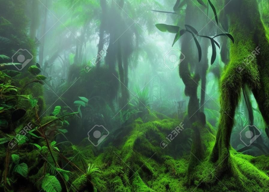Фэнтези мистический тропический моховой лес с удивительными джунглей растениями и цветами. Природа пейзаж для таинственного фона. Малайзия
