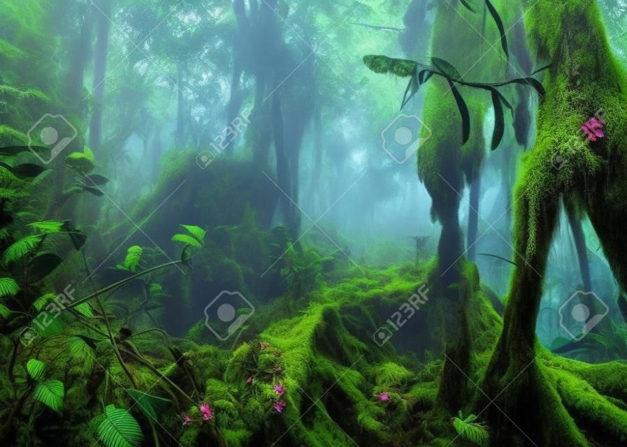 놀랄만한 정글 식물과 꽃이있는 판타지 신비한 열대 이끼 낀 숲. 신비한 배경 자연 풍경입니다. 말레이시아