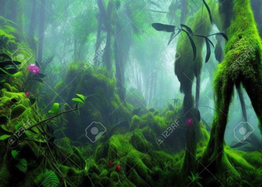 Fantasy mystical tropical mossy forest with amazing jungle plants and flowers. Nature landscape for mysterious background. Malaysia