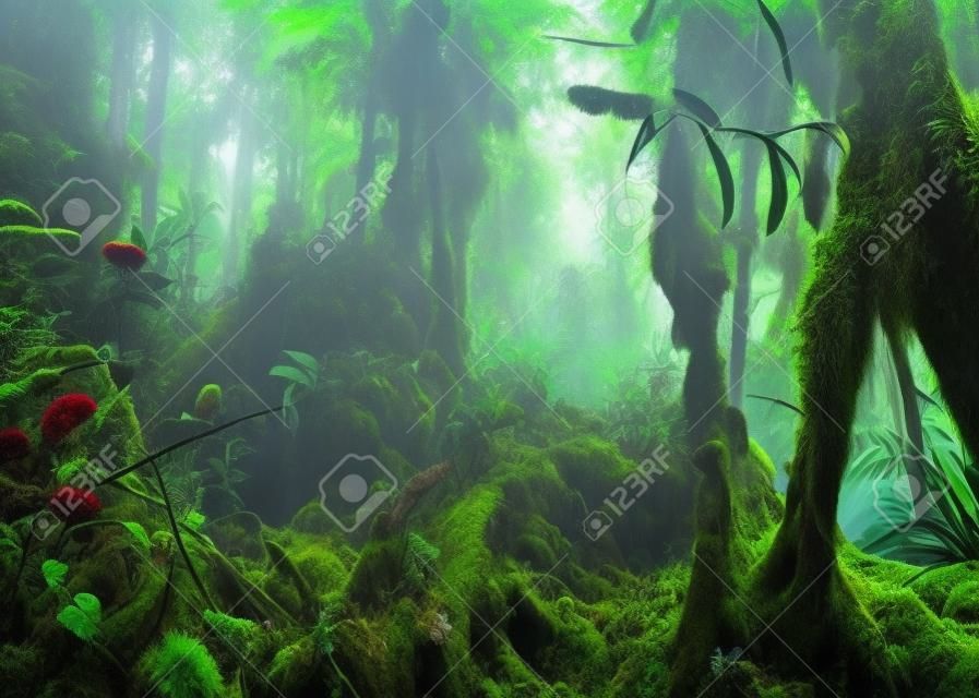 Fantasía mística del bosque cubierto de musgo tropical con plantas de la selva sorprendentes y flores. Paisaje de la naturaleza de fondo misterioso. Malasia