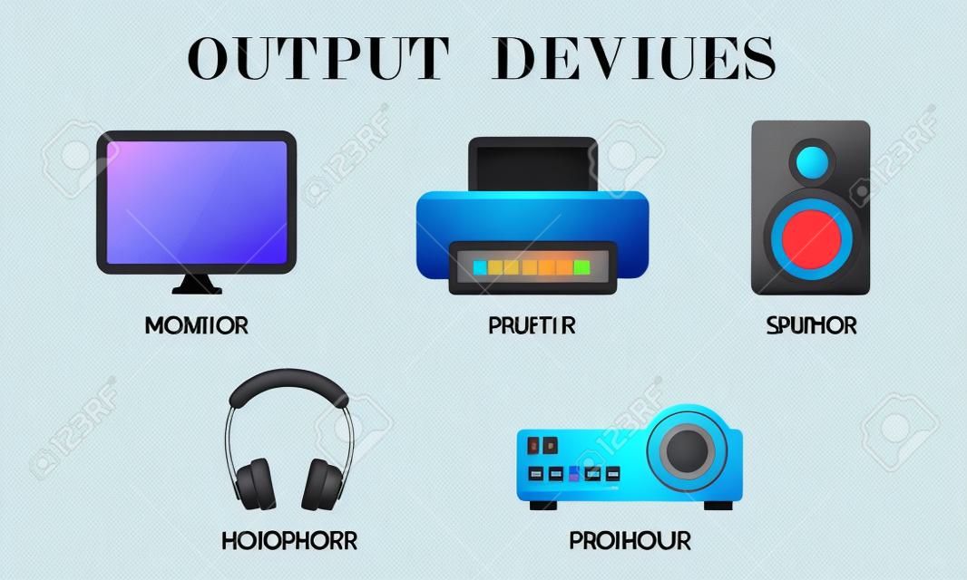 Conjunto de iconos de dispositivos de salida. Dibujo de monitor, impresora, altavoz, auriculares y proyector mediante ilustración
