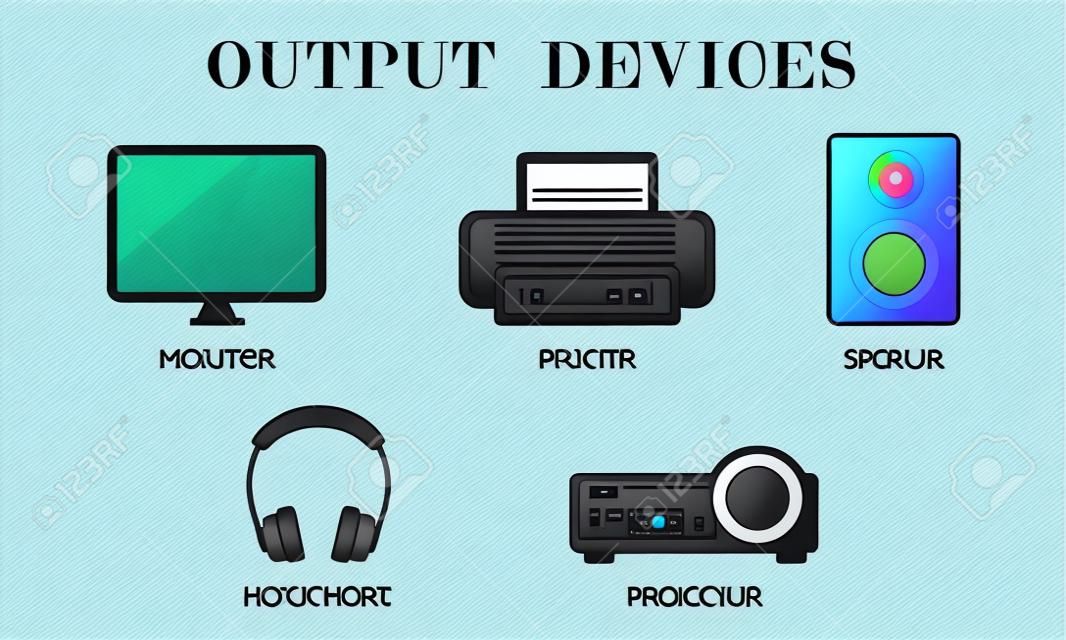 Conjunto de iconos de dispositivos de salida. Dibujo de monitor, impresora, altavoz, auriculares y proyector mediante ilustración