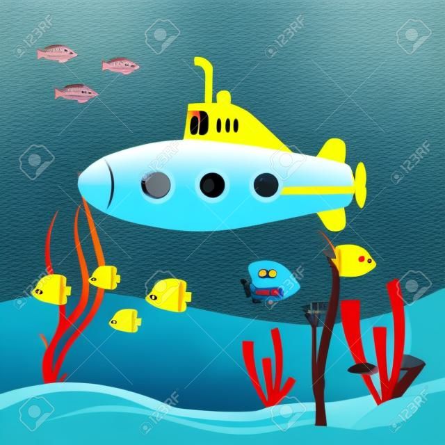 Yellow submarine, Underwater world. Expedition in the depths of the sea. Bathyscaphe with periscope. Flat cartoon style. Vector image.