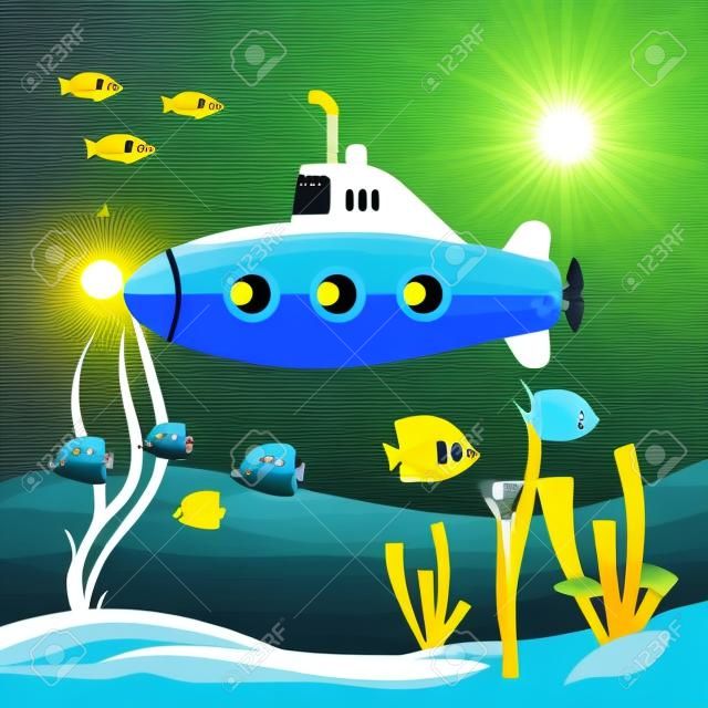 Yellow submarine, Underwater world. Expedition in the depths of the sea. Bathyscaphe with periscope. Flat cartoon style. Vector image.