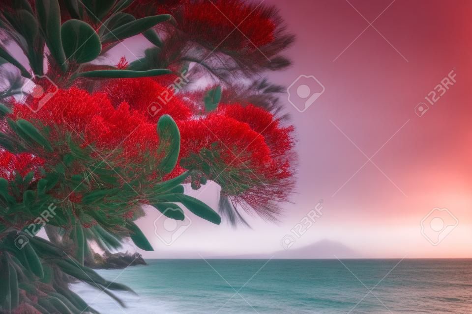 Pohutukawa árvore flores vermelhas praia arenosa no Monte Maunganui, Nova Zelândia