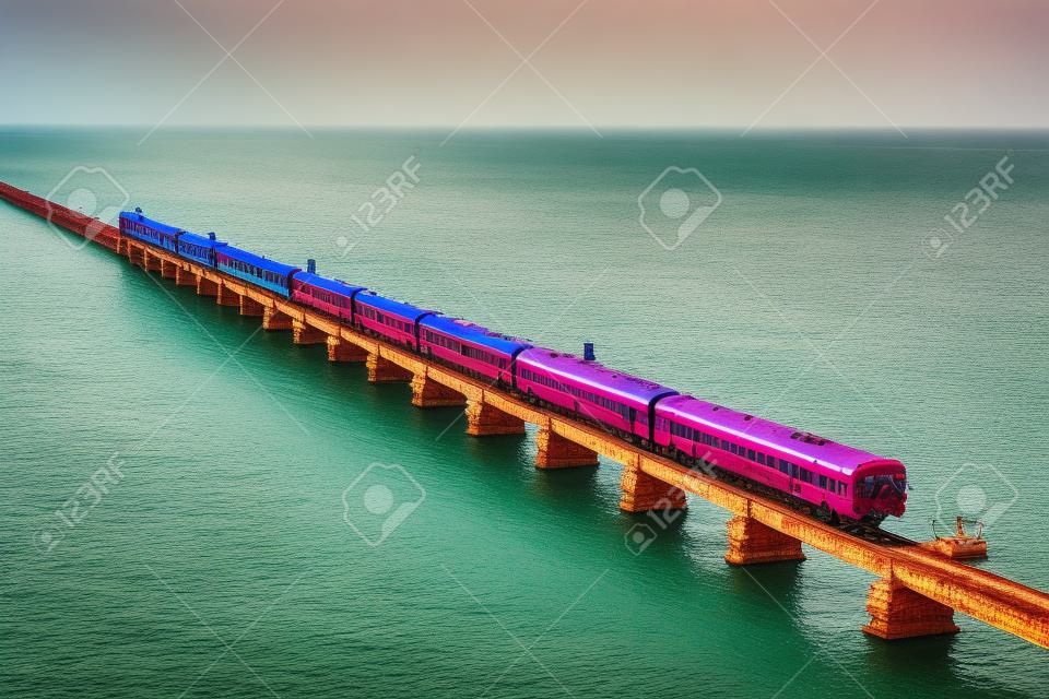 Pociąg pasażerski Rameshwaram do tiruchirappalli przecina 2-kilometrowy morski most kolejowy Pamban w Indiach