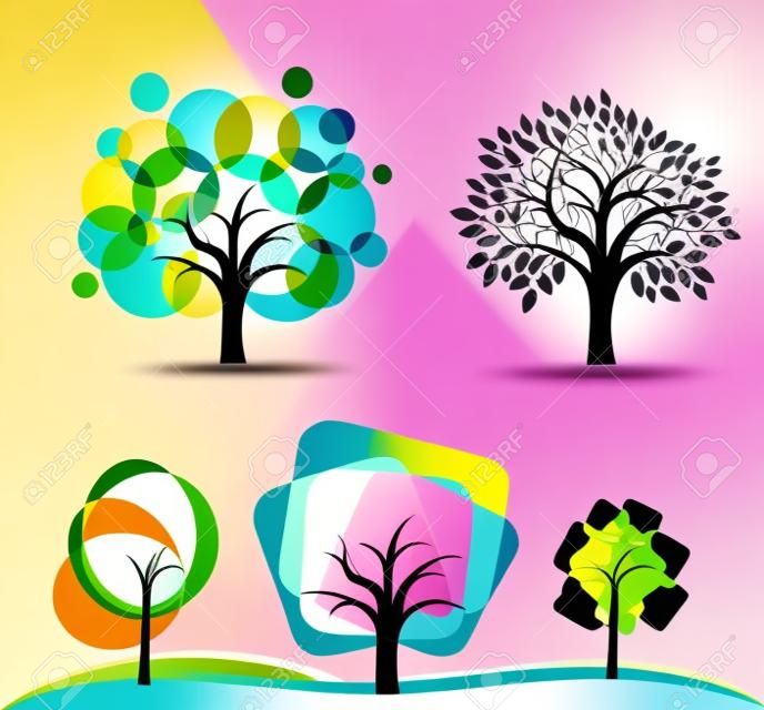 Set abstracte bomen. Bomen met cirkels en pleinen. Vector illustratie van tuin met vruchten abstracte bomen.