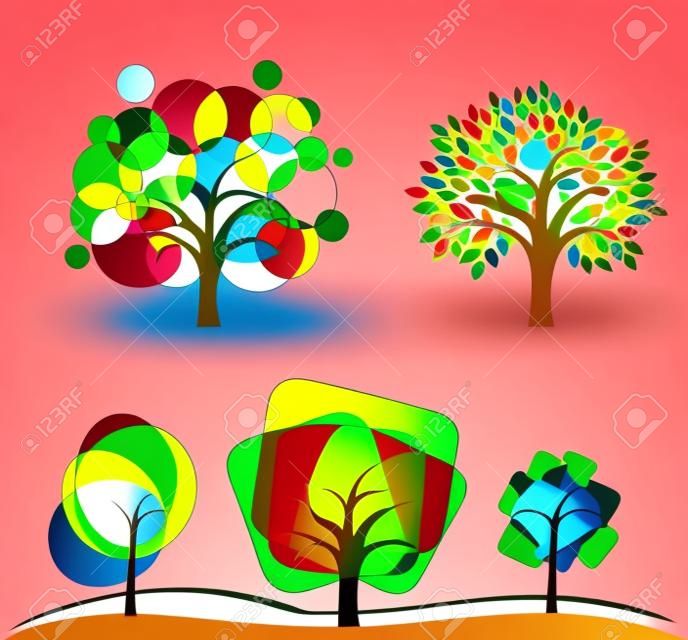 Set abstracte bomen. Bomen met cirkels en pleinen. Vector illustratie van tuin met vruchten abstracte bomen.