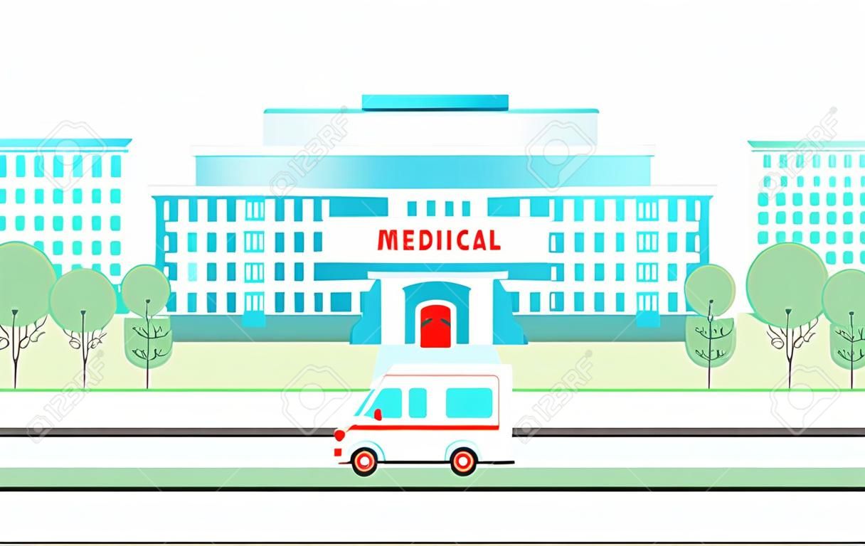 Edificio del centro medico sullo sfondo della città in stile piatto.