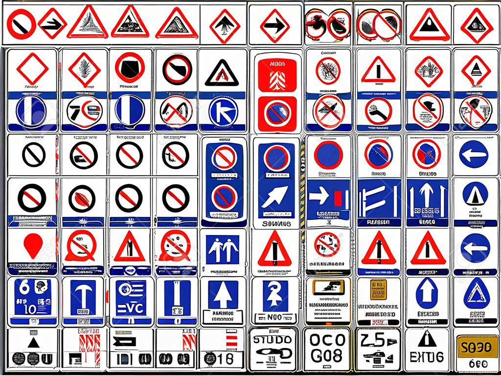 ロシアの道路標識のコレクション。300の非常に詳細で完全に編集可能なベクトルのヨーロッパの道路標識詳細。危険の兆候、義務、警告。追加のテーブル。ルーティング テーブル。ロシア連邦。ベクターグラフィックス。