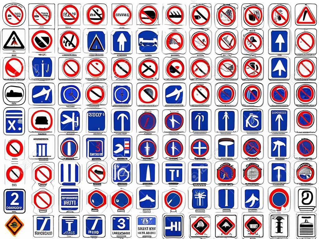 Collection of road signs in Russia. Three hundred highly detailed and fully editable vector European road signs with details. Danger signs, obligations, warnings. Additional table. Routing table. Russian Federation. Vector graphics.
