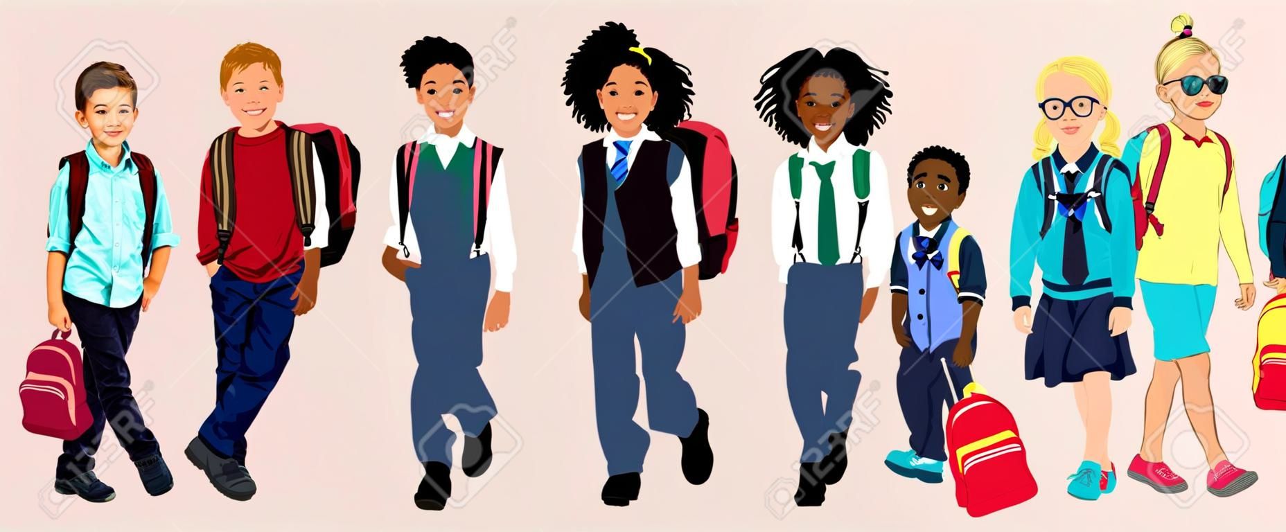 Set van jongens en meisjes gaan naar elementaire of middelbare school vector illustratie met rugzak of tas. gelukkige leerlingen. Verzameling van kinderen van verschillende rassen en nationaliteiten.