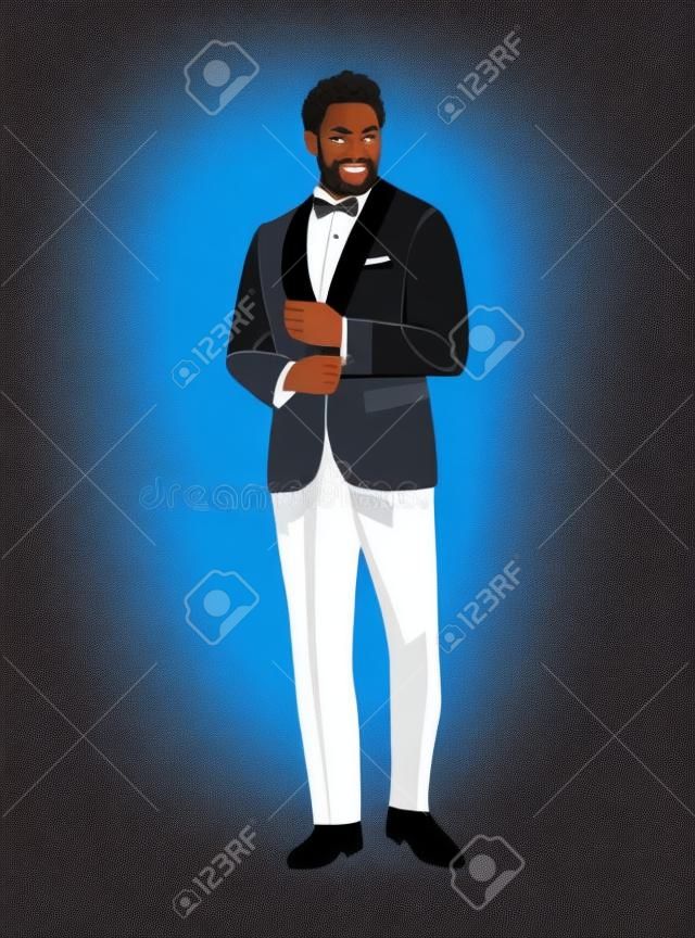Elegant Black Businessman Character In Evening Party Outfit. Stylish African  American Handsome Man Wearing Navy Blue Formal Tuxedo, Bowtie. Hand Drawn  Vector Realistic Illustration Isolated On White. Royalty Free SVG,  Cliparts, Vectors