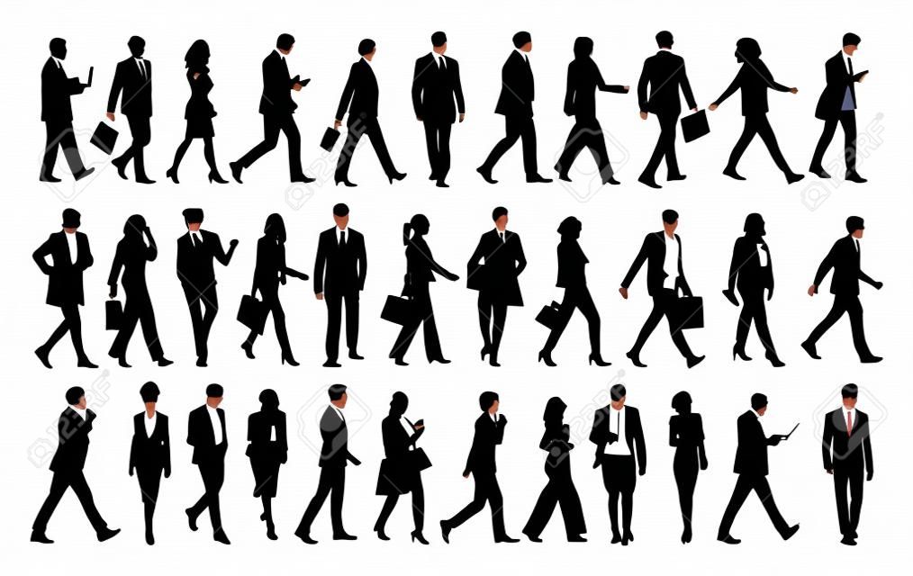 Siluetas de gente de negocios caminando, hombres y mujeres de cuerpo entero, vista frontal, lateral y trasera. ilustración vectorial aislada en negro sobre fondo blanco. avatar, iconos para sitio web