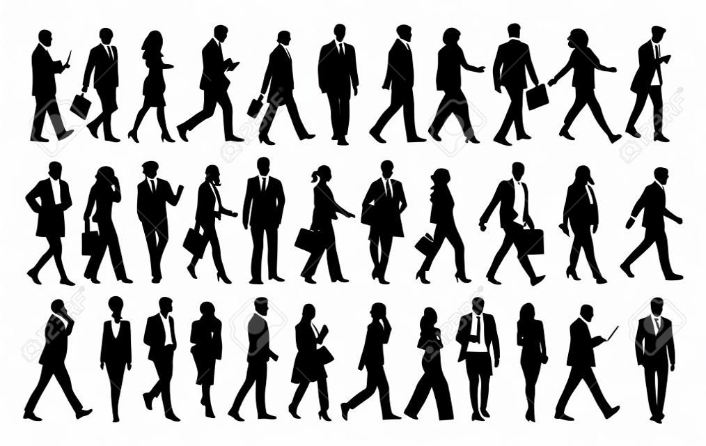 Siluetas de gente de negocios caminando, hombres y mujeres de cuerpo entero, vista frontal, lateral y trasera. ilustración vectorial aislada en negro sobre fondo blanco. avatar, iconos para sitio web