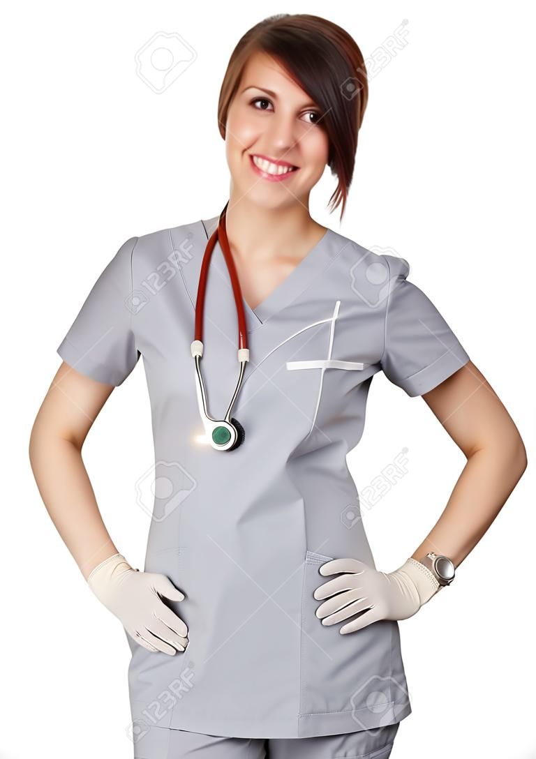Enfermera vistiendo de guantes de látex, blanco de fondo