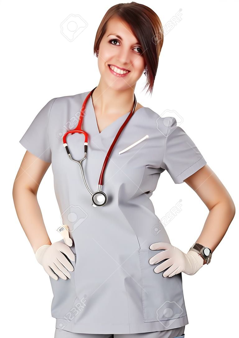Enfermera vistiendo de guantes de látex, blanco de fondo