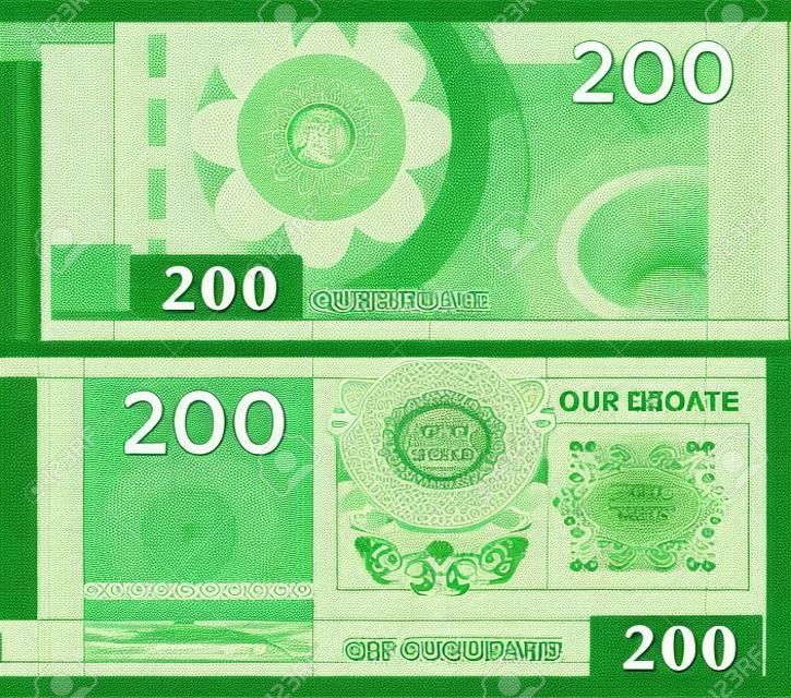 Voucher template banknote 200 with guilloche pattern watermarks and border. Green background banknote, gift voucher, coupon, diploma, money design, currency, note, check, cheque, reward. certificate