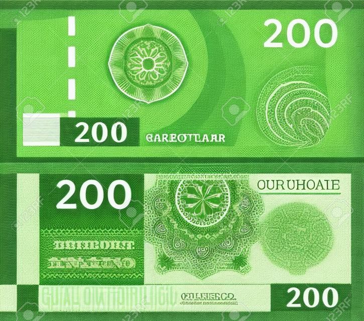 Szablon kuponu banknot 200 ze znakami wodnymi i obramowaniem giloszowym. Banknot zielonym tle, bon upominkowy, kupon, dyplom, projekt pieniędzy, waluta, uwaga, czek, czek, nagroda. certyfikat